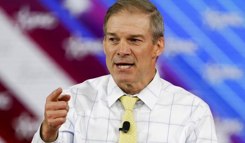 Rep. Jim Jordan, R-Ohio, takes part in a discussion at the Conservative Political Action Conference (CPAC) Saturday, Feb. 26, 2022, in Orlando, Fla. (AP Photo/John Raoux)