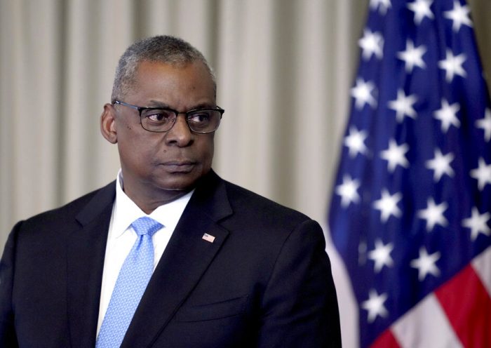 U.S. Secretary of Defense, Lloyd Austin, attends a press conference after the meeting of the Ukraine Security Consultative Group at Ramstein Air Base in Ramstein, Germany, Tuesday, April 26, 2022. (AP Photo/Michael Probst)