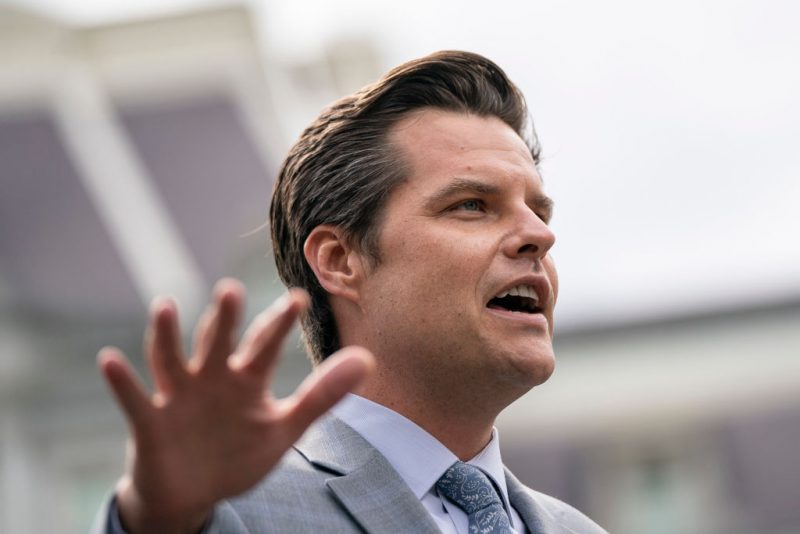 WASHINGTON, DC - APRIL 21: Rep. Matt Gaetz (R-FL) speaks to reporters outside the West Wing of the White House following a meeting with U.S. President Donald Trump on April 21, 2020 in Washington, DC. The president met with lawmakers about the $482 billion aid package that would replenish a small-business loan program and provide funding for hospitals facing financial shortfalls due to COVID-19. (Photo by Drew Angerer/Getty Images)