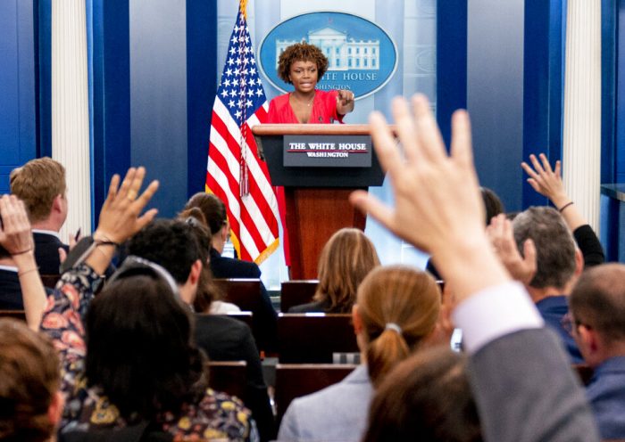 White House press secretary Karine Jean-Pierre takes a question from a reporter during her first press briefing as press secretary at the White House in Washington, Monday, May 16, 2022. (AP Photo/Andrew Harnik)