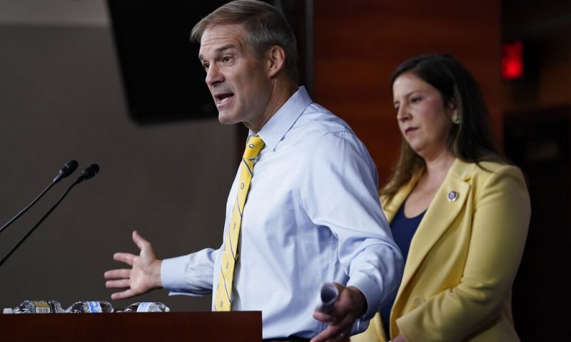 Rep. Jim Jordan, R-Ohio, the top Republican on the Judiciary Committee, and House Republican Conference Chair Elise Stefanik, R-N.Y., right, speak to reporters following a Republican Conference meeting at the Capitol in Washington, Wednesday, June 8, 2022. (AP Photo/J. Scott Applewhite)