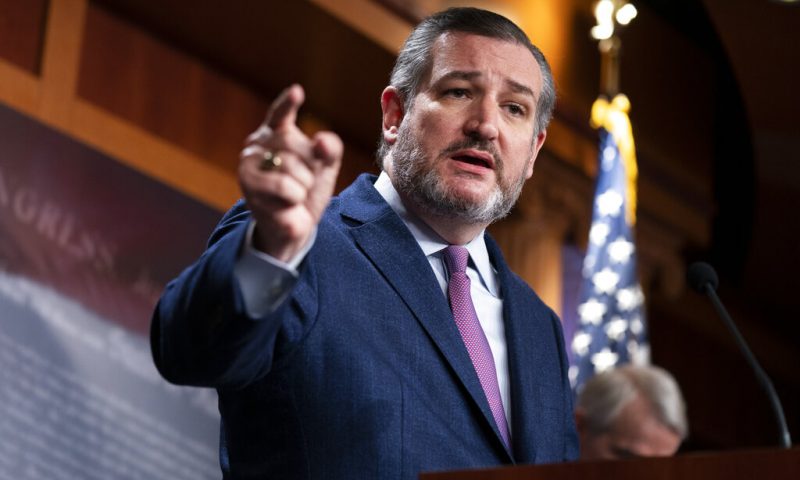 Sen. Ted Cruz, R-Texas, speaks during a news conference with Republican lawmakers about Ukraine, on Capitol Hill, Wednesday, March 2, 2022, in Washington. (AP Photo/Evan Vucci)