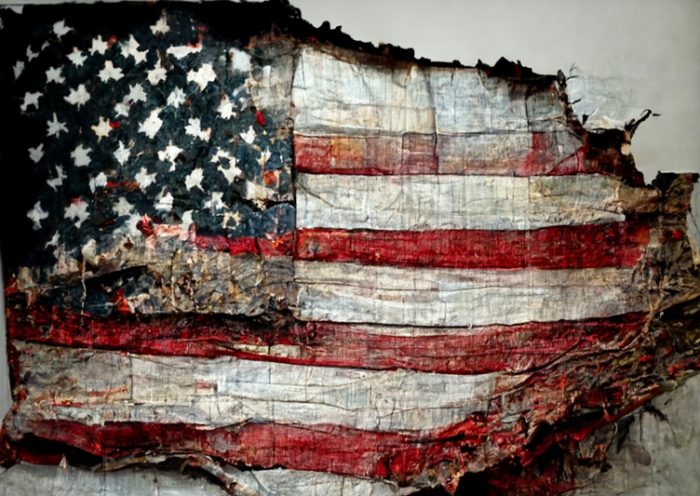 Photo realistic rendition of a tattered, torn American flag.