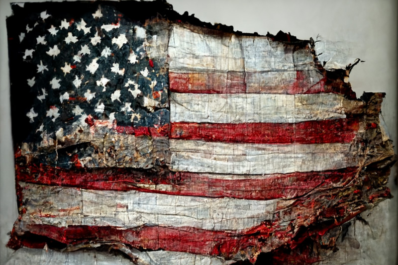 Photo realistic rendition of a tattered, torn American flag.