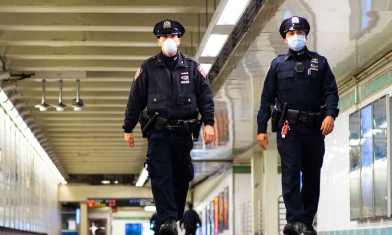 NEW YORK, NEW YORK - MAY 06: NYPD officers patrol inside Times Square station as the New York City subway system, the largest public transportation system in the nation is set for nightly cleaning due to the continued spread of the coronavirus on May 06, 2020 in New York City. Following reports of homeless New Yorkers sleeping on the trains and the deaths of numerous subway employees, the Metropolitan Transportation Authority has decided to close New Yorks subway system from 1am to 5am every evening for a deep cleaning. New York continues to be the national center of the COVID-19 outbreak.(Photo by Eduardo Munoz Alvarez/Getty Images)