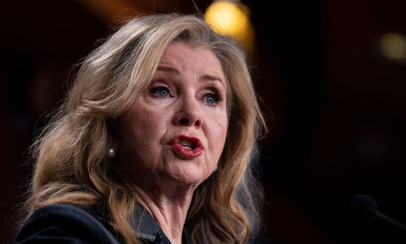 WASHINGTON, DC - APRIL 7: Sen. Marsha Blackburn (R-TN) speaks during a news conference about the confirmation vote for Supreme Court nominee Ketanji Brown Jackson at the U.S. Capitol on April 7, 2022 in Washington, DC. The full Senate voted today to confirm the nomination of Supreme Court nominee Judge Ketanji Brown Jackson with a vote of 53-47. (Photo by Drew Angerer/Getty Images)