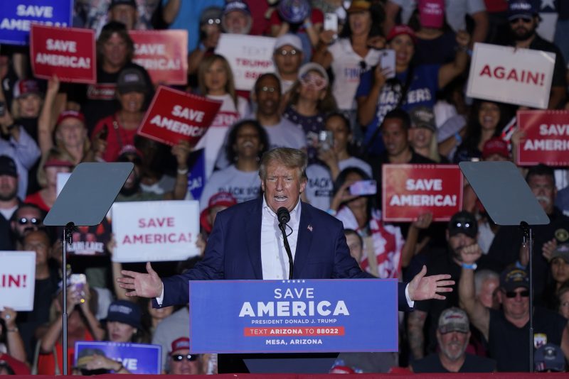 Former President Donald Trump speaks at a rally, Sunday, Oct. 9, 2022, in Mesa, Ariz. (AP Photo/Matt York)