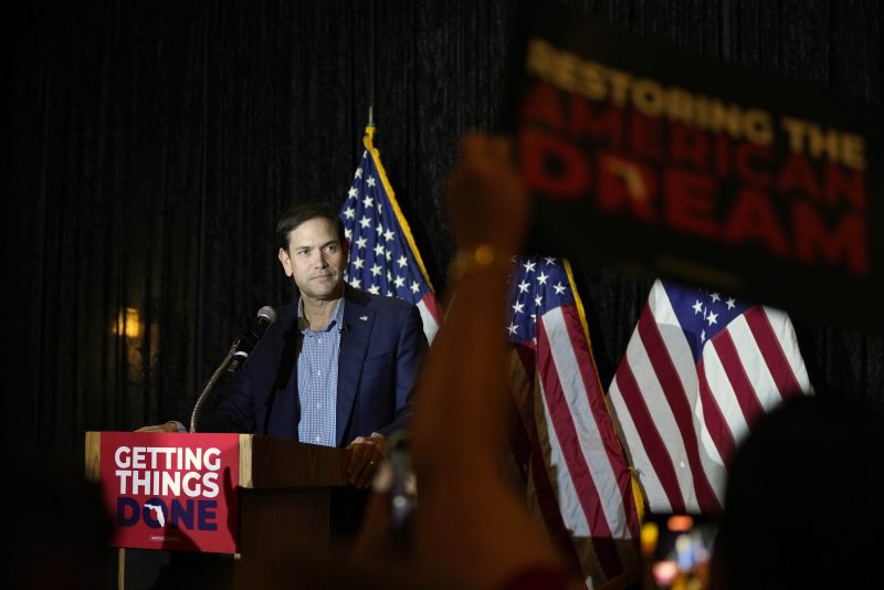 Sen. Marco Rubio speaks at a campaign rally along with other Republican politicians and candidates running in the U.S. 2022 midterm elections, in West Miami, Fla., Wednesday, Oct. 19, 2022.(AP Photo/Rebecca Blackwell)