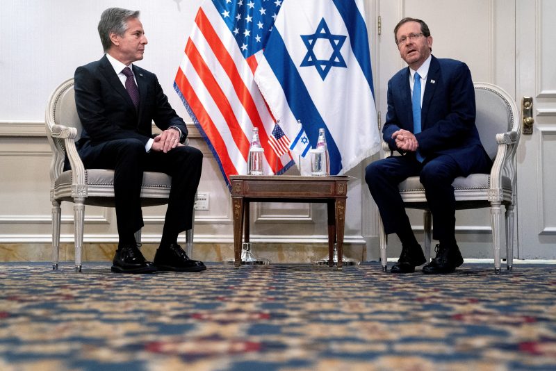 Secretary of State Antony Blinken, left, meets Israeli President Isaac Herzog, Tuesday, Oct. 25, 2022, at the State Dept. in Washington. (Stefani Reynolds/Pool via AP)