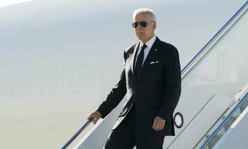 President Joe Biden arrives at John F. Kennedy International Airport, Monday, Oct. 31. 2022, in New York, to attend a private memorial service. (AP Photo/Manuel Balce Ceneta)
