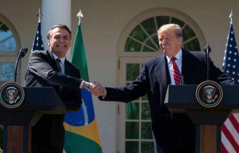 WASHINGTON, DC - MARCH 19: (AFP OUT) U.S. President Donald Trump and Brazilian President Jair Bolsonaro attend a joint news conference in the Rose Garden at the White House March 19, 2019 in Washington, DC. President Trump is hosting President Bolsonaro for a visit and bilateral talks at the White House today. (Photo by Chris Kleponis-Pool/Getty Images)