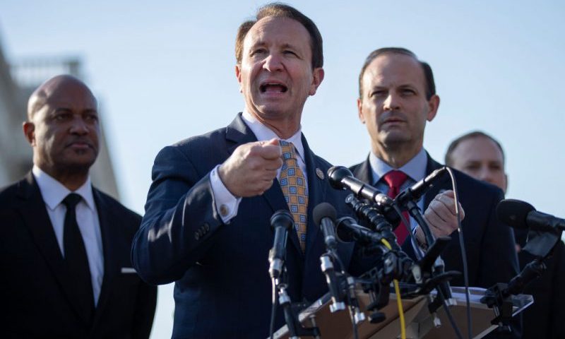 WASHINGTON, DC - JANUARY 22: (L-R) Indiana Attorney General Curtis Hill, Louisiana Attorney General Jeff Landry and South Carolina Attorney General Alan Wilson speak during a press conference to discuss the impeachment trial at the U.S. Capitol on January 22, 2020 in Washington, DC. They announced a letter written to the U.S. Senate in which 21 Republican state Attorneys General outline what they believe to be the legal flaws in the impeachment case against U.S. President Donald Trump. (Photo by Drew Angerer/Getty Images)