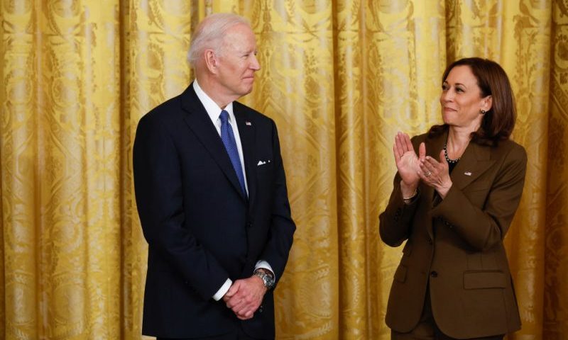 WASHINGTON, DC - APRIL 5: (L-R) U.S. President Joe Biden and Vice President Kamala attend an event to mark the 2010 passage of the Affordable Care Act in the East Room of the White House on April 5, 2022 in Washington, DC. With then-Vice President Joe Biden by his side, Obama signed 'Obamacare' into law on March 23, 2010. (Photo by Chip Somodevilla/Getty Images)