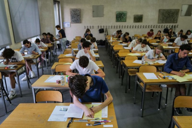 Pupils start the philosophy test as part of the baccalaureat exams at the Sainte-Marie Les Maristes high school designed and built by famous architect Georges Adilon, in Lyon, central-eastern France, on June 15, 2022. (Photo by OLIVIER CHASSIGNOLE / AFP) (Photo by OLIVIER CHASSIGNOLE/AFP via Getty Images)