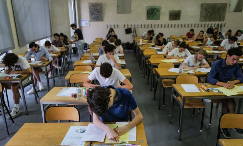 Pupils start the philosophy test as part of the baccalaureat exams at the Sainte-Marie Les Maristes high school designed and built by famous architect Georges Adilon, in Lyon, central-eastern France, on June 15, 2022. (Photo by OLIVIER CHASSIGNOLE / AFP) (Photo by OLIVIER CHASSIGNOLE/AFP via Getty Images)