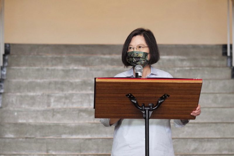 Taiwan President Tsai Ing-wen speaks at a navy base while inspecting military troops on Penghu islands on August 30, 2022. (Photo by Sam Yeh / AFP) (Photo by SAM YEH/AFP via Getty Images)
