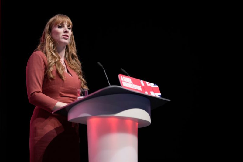 LIVERPOOL, ENGLAND - SEPTEMBER 28: Angela Rayner, Deputy leader of the Labour Party speaks on the final day of the Labour Party Conference at the ACC on September 28, 2022 in Liverpool, England The Labour Party hold their annual conference in Liverpool this year. Issues on the agenda are the cost of living crisis, including a call for a reinforced windfall tax, proportional representation and action on the climate crisis. (Photo by Christopher Furlong/Getty Images)