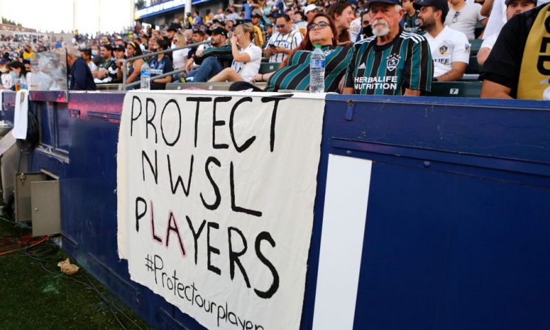 CARSON, CALIFORNIA - OCTOBER 03: Signage supporting NWSL players is seen during a game between the Los Angeles Galaxy and the Los Angeles FC at Dignity Health Sports Park on October 03, 2021 in Carson, California. (Photo by Katharine Lotze/Getty Images)