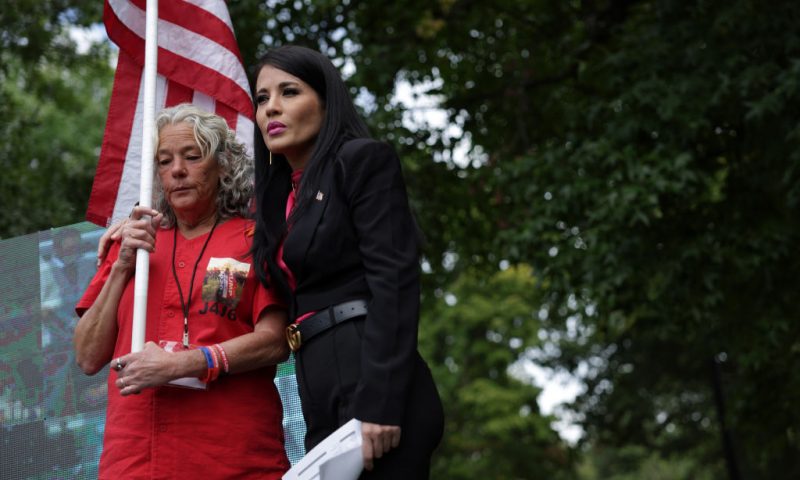 WASHINGTON, DC - SEPTEMBER 24: Micki Witthoeft (L), mother of Ashli Babbitt, is comforted by emcee Cara Castronuova during a prayer at a “January 6th Solidarity Truth Rally” near the U.S. Capitol on September 24, 2022 in Washington, DC. Demonstrators who support people who have been prosecuted in the January 6th insurrection at the U.S. Capitol gather at the rally “to stand united and show our strength in numbers by protesting conservative political persecution in the heart of the American capitol.” (Photo by Alex Wong/Getty Images)