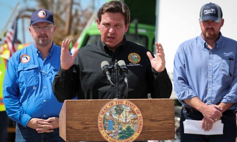 MATLACHA, FLORIDA - OCTOBER 05: Florida Gov. Ron DeSantis speaks during a press conference on the island of Matlacha on October 05, 2022 in Matlacha, Florida. DeSantis delivered remarks about the completion of a temporary bridge to reconnect the island, and Pine Island as well, to the mainland. (Photo by Win McNamee/Getty Images)