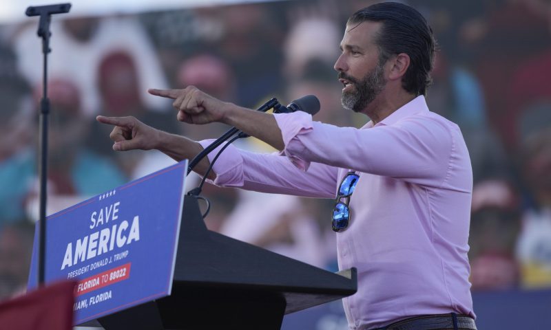 Donald Trump Jr. speaks before his father, former President Donald Trump at a campaign rally in support of the campaign of Sen. Marco Rubio, R-Fla., at the Miami-Dade County Fair and Exposition on Sunday, Nov. 6, 2022, in Miami. (AP Photo/Rebecca Blackwell)