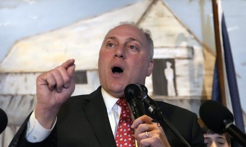 House Minority Whip Steve Scalise, R-La., speaks to supporters as he celebrates his re-election in Metairie, La., Tuesday, Nov. 8, 2022. (AP Photo/Gerald Herbert)