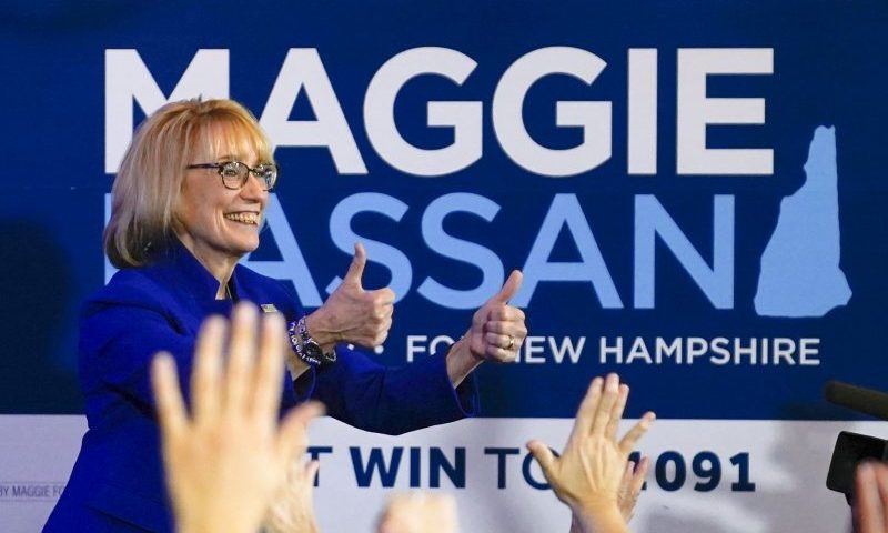Sen. Maggie Hassan, D-N.H., gives two thumbs up to supporters during an election night campaign event Tuesday, Nov. 8, 2022, in Manchester, N.H. (AP Photo/Charles Krupa)