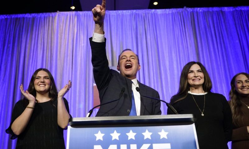 Utah Republican Sen. Mike Lee celebrates as he speaks to supporters during an election night party on Tuesday, Nov. 8, 2022, in Salt Lake City. (AP Photo/Rick Bowmer)