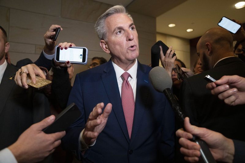 House Minority Leader Kevin McCarthy, of Calif., talks to reporters, Tuesday, Nov. 15, 2022, on Capitol Hill in Washington. (AP Photo/Jacquelyn Martin)