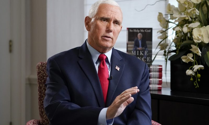 Former Vice President Mike Pence sits for an interview with the Associated Press, Wednesday, Nov. 16, 2022, in New York. (AP Photo/John Minchillo)