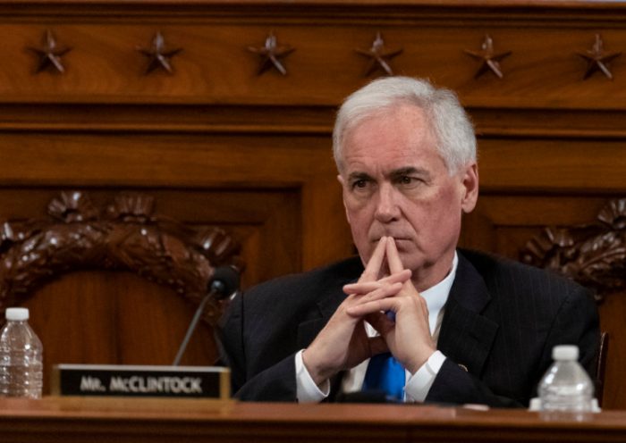 WASHINGTON, DC - DECEMBER 12: Representative Tom McClintock, a Republican from California, listens to debate during a House Judiciary Committee hearing December 12, 2019 in Washington, DC. The articles of impeachment charge Trump with abuse of power and obstruction of Congress. House Democrats claim that Trump posed a 'clear and present danger' to national security and the 2020 election in his dealings with Ukraine over the past year. (Photo by Alex Edelman -Pool/Getty Images)