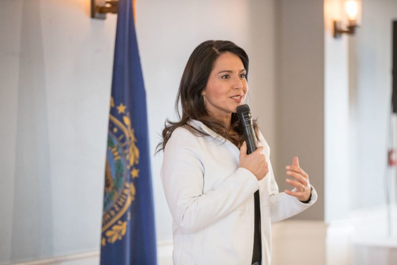 Democratic presidential candidate Rep. Tulsi Gabbard (D-HI) speaks during a campaign event on February 9, 2020 in Portsmouth, New Hampshire. The first in the nation primary is on Tuesday, February 11. (Photo by Scott Eisen/Getty Images)