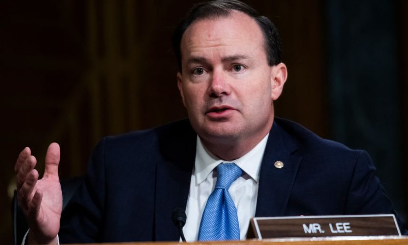 WASHINGTON, DC - JUNE 16: Sen. Mike Lee (R-UT) asks a question at a Judiciary Committee hearing in the Dirksen Senate Office Building on June 16, 2020 in Washington, D.C. The Republican-led committee was holding its first hearing on policing since the death of George Floyd while in Minneapolis police custody on May 25. (Photo by Tom Williams-Pool/Getty Images)