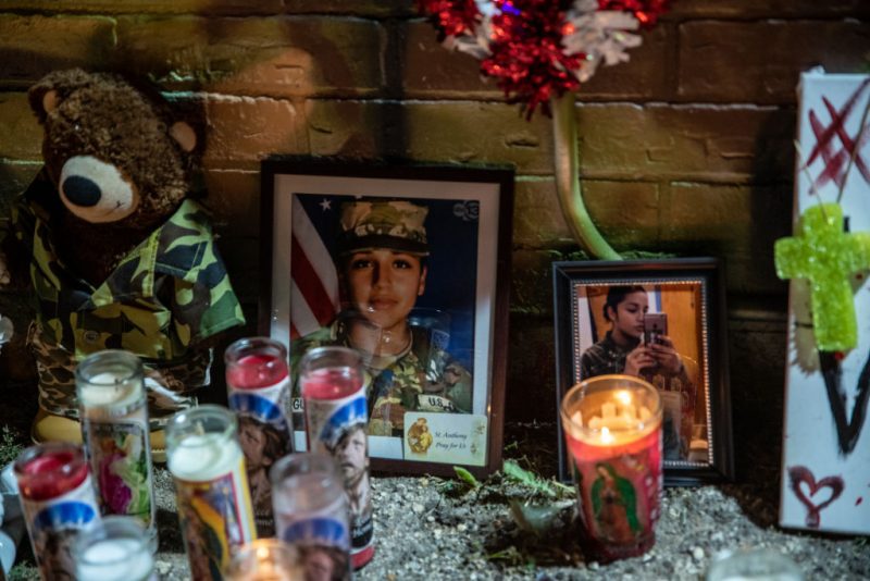 Candles and flowers adorn a mural of Vanessa Guillen, a soldier based at nearby Fort Hood on July 6, 2020 in Austin, Texas. A suspect in the disappearance of Guillen, whose remains were found in a shallow grave, faced a judge Monday morning.  (Photo by Sergio Flores/Getty Images)