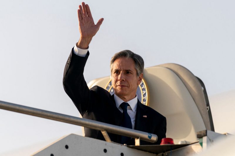 US Secretary of State Antony Blinken waves before boarding his plane at Ciampino Airport in Rome to travel to Bari, Italy, on June 28, 2021, as part of Blinken's week long trip in Europe. (Photo by Andrew Harnik / POOL / AFP) (Photo by ANDREW HARNIK/POOL/AFP via Getty Images)