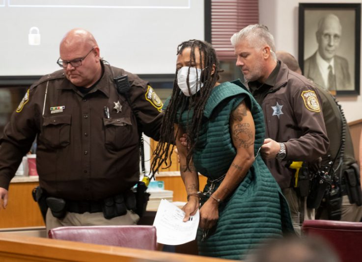 Darrell Brooks (C) appears at Waukesha County Court on November 23, 2021 in Waukesha, Wisconsin. Brooks is charged with killing five people and injuring nearly 50 after driving through a Christmas parade with his sport utility vehicle on November 21. (Photo by Mark Hoffman-Pool/Getty Images)
