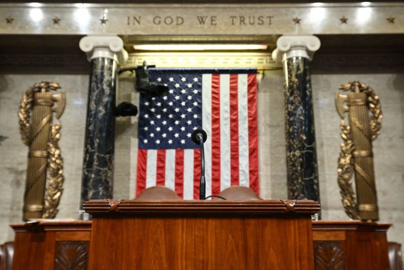 The podium where US President Joe Biden will give his State of the Union address at the US Capitol in Washington, DC, on March 1, 2022. (Photo by SAUL LOEB / POOL / AFP) (Photo by SAUL LOEB/POOL/AFP via Getty Images)