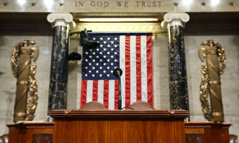The podium where US President Joe Biden will give his State of the Union address at the US Capitol in Washington, DC, on March 1, 2022. (Photo by SAUL LOEB / POOL / AFP) (Photo by SAUL LOEB/POOL/AFP via Getty Images)