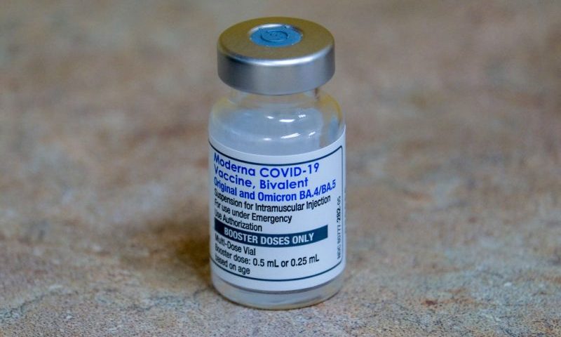 This photo shows a vial of the Moderna Covid-19 vaccine, Bivalent, at AltaMed Medical clinic in Los Angeles, California, on October 6, 2022. (Photo by RINGO CHIU / AFP) (Photo by RINGO CHIU/AFP via Getty Images)