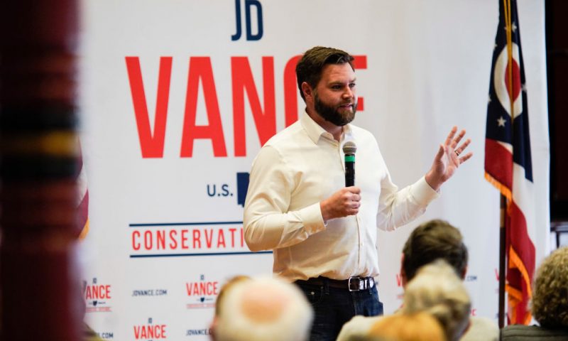 MT VERNON, OH - NOVEMBER 06: Ohio Senate nominee JD Vance talks to supporters during a campaign stop at the Woodward Opera House on November 6, 2022 in Mount Vernon, Ohio. Knox County, where Mount Vernon is located, recorded 71% of votes for then-President Donald Trump in the 2020 general election. Vance, a Republican who has been endorsed by Trump, and Rep. Tim Ryan (D-OH) are in a tight race heading into the general election on November 8. (Photo by Andrew Spear/Getty Images)