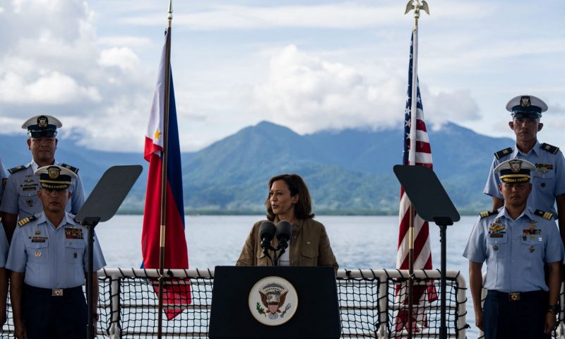 US Vice-President Kamala Harris delivers remarks on Philippines Coast Guard ship 'Teresa Magbanua' at Puerto Princesa Port, on November 22, 2022. (Photo by Haiyun Jiang / POOL / AFP) (Photo by HAIYUN JIANG/POOL/AFP via Getty Images)