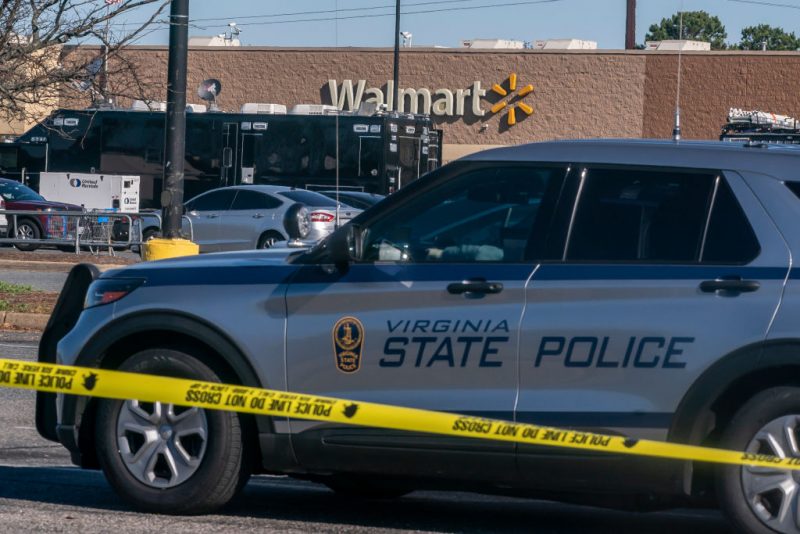 A police tape is seen at the site of a fatal shooting in a Walmart on November 23, 2022 in Chesapeake, Virginia. Following the Tuesday night shooting, six people were killed, including the suspected gunman.  (Photo by Nathan Howard/Getty Images)