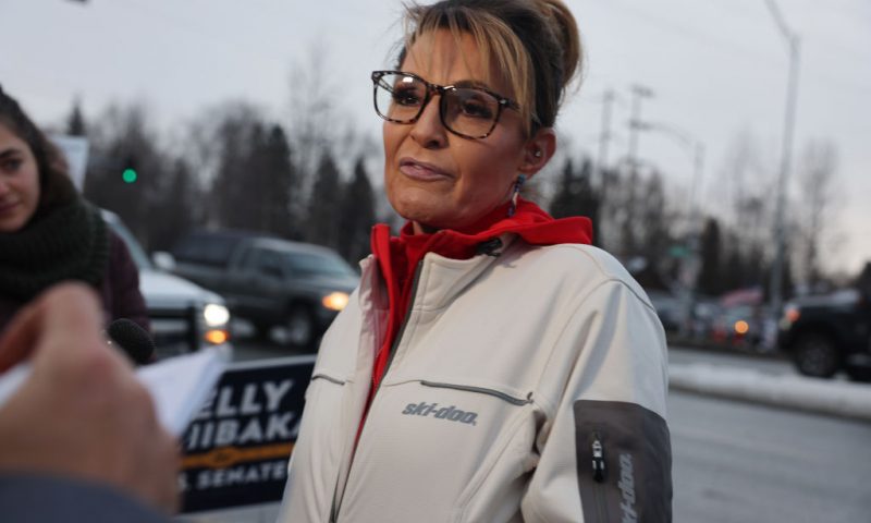 Former Governor of Alaska and Republican candidate for Congress, Sarah Palin, speaks to the media as she campaigns with supporters on November 08, 2022 in Anchorage, Alaska. After months of candidates campaigning, Americans are voting in the midterm elections to decide close races across the nation. (Photo by Spencer Platt/Getty Images)