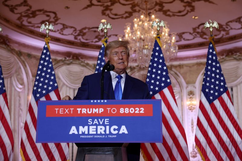 Former U.S. President Donald Trump speaks during an election night event at Mar-a-Lago on November 08, 2022 in Palm Beach, Florida. Trump addressed his supporters as the nation awaits the results of the midterm elections. (Photo by Joe Raedle/Getty Images)