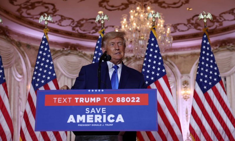 Former U.S. President Donald Trump speaks during an election night event at Mar-a-Lago on November 08, 2022 in Palm Beach, Florida. Trump addressed his supporters as the nation awaits the results of the midterm elections. (Photo by Joe Raedle/Getty Images)