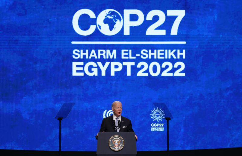 HARM EL SHEIKH, EGYPT - NOVEMBER 11: U.S. President Joe Biden speaks at the UNFCCC COP27 climate conference on November 11, 2022 in Sharm El Sheikh, Egypt. The conference is bringing together political leaders and representatives from 190 countries to discuss climate-related topics including climate change adaptation, climate finance, decarbonisation, agriculture and biodiversity. The conference is running from November 6-18. (Photo by Sean Gallup/Getty Images)