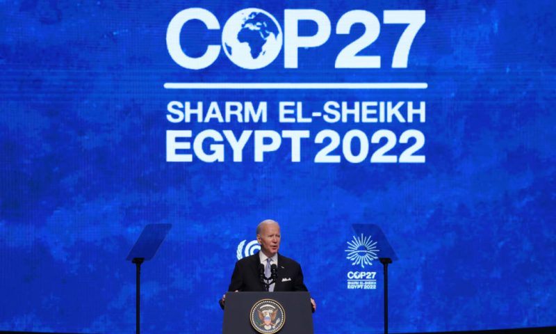 HARM EL SHEIKH, EGYPT - NOVEMBER 11: U.S. President Joe Biden speaks at the UNFCCC COP27 climate conference on November 11, 2022 in Sharm El Sheikh, Egypt. The conference is bringing together political leaders and representatives from 190 countries to discuss climate-related topics including climate change adaptation, climate finance, decarbonisation, agriculture and biodiversity. The conference is running from November 6-18. (Photo by Sean Gallup/Getty Images)
