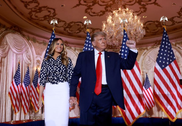 Former U.S. President Donald Trump and former first lady Melania Trump stand together during an event at his Mar-a-Lago home on November 15, 2022 in Palm Beach, Florida. Trump announced that he was seeking another term in office and officially launched his 2024 presidential campaign. (Photo by Joe Raedle/Getty Images)