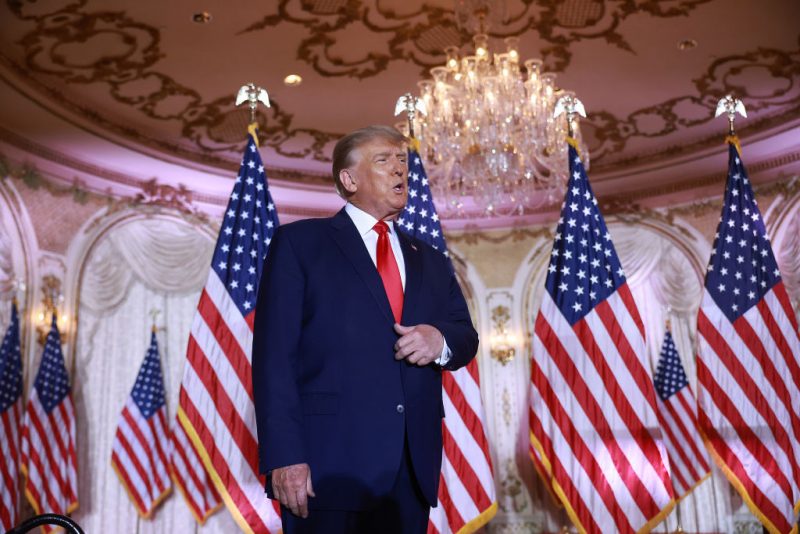 Former U.S. President Donald Trump arrives on stage to speak during an event at his Mar-a-Lago home on November 15, 2022 in Palm Beach, Florida. Trump announced that he was seeking another term in office and officially launched his 2024 presidential campaign.  (Photo by Joe Raedle/Getty Images)