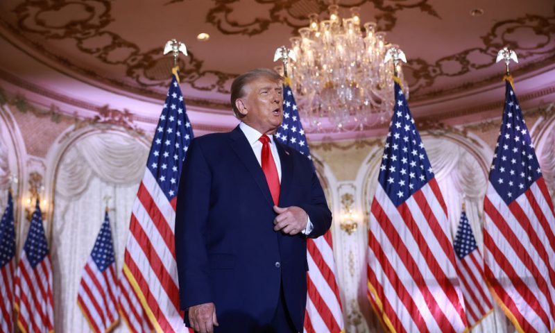 Former U.S. President Donald Trump arrives on stage to speak during an event at his Mar-a-Lago home on November 15, 2022 in Palm Beach, Florida. Trump announced that he was seeking another term in office and officially launched his 2024 presidential campaign. (Photo by Joe Raedle/Getty Images)